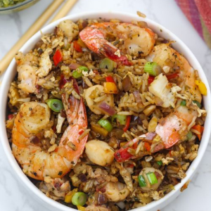 Fried rice fiesta served with fish, calamari, shrimp, prawns 25k